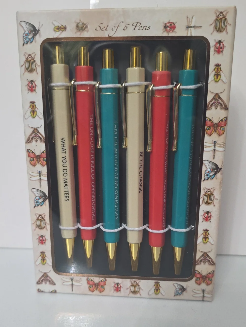 Set of 6 Motivational Ballpoint Pens in Teal, Red, and Cream